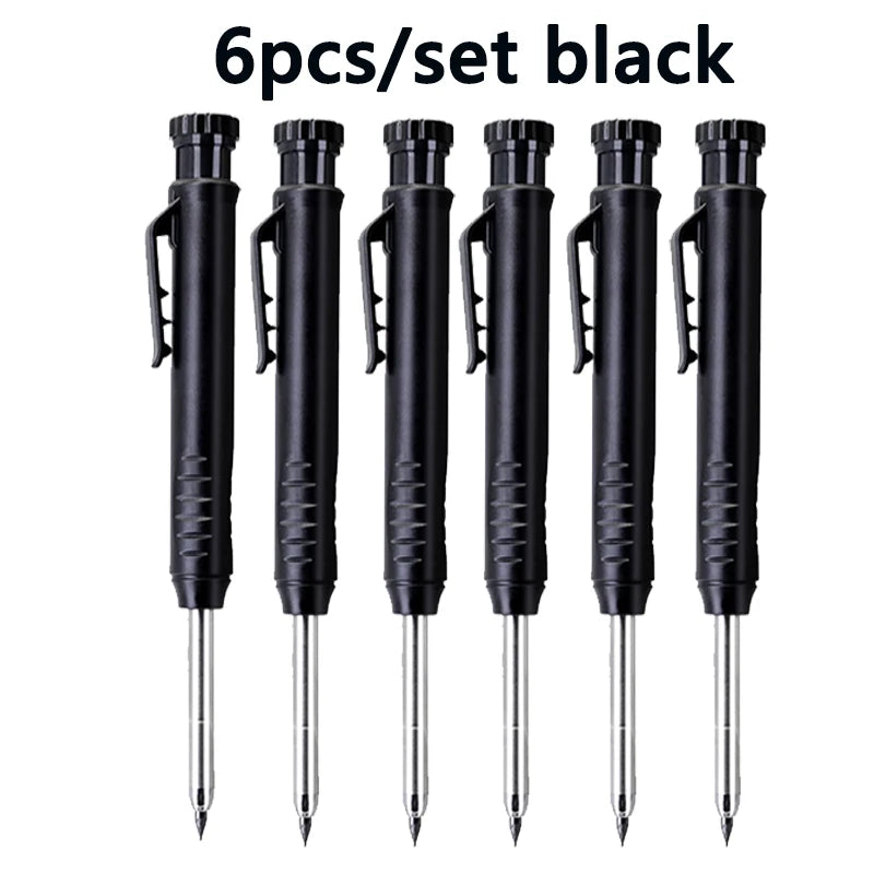 A set of six black precision mechanical drawing pencils.