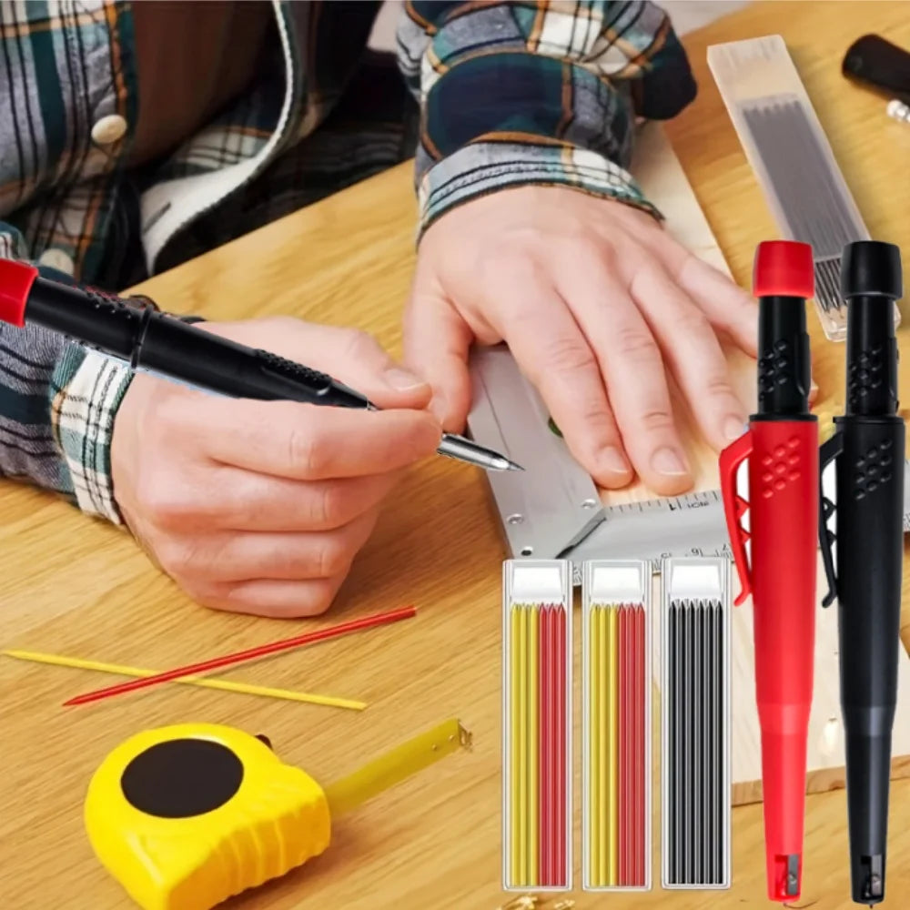 A hand is using a heavy-duty mechanical carpenter pencil with a built-in sharpener on a wooden surface.