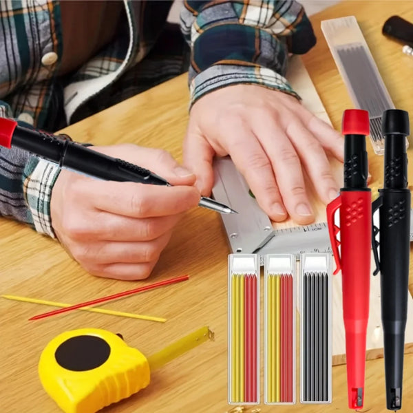 A hand is using a heavy-duty mechanical carpenter pencil with a built-in sharpener on a wooden surface.