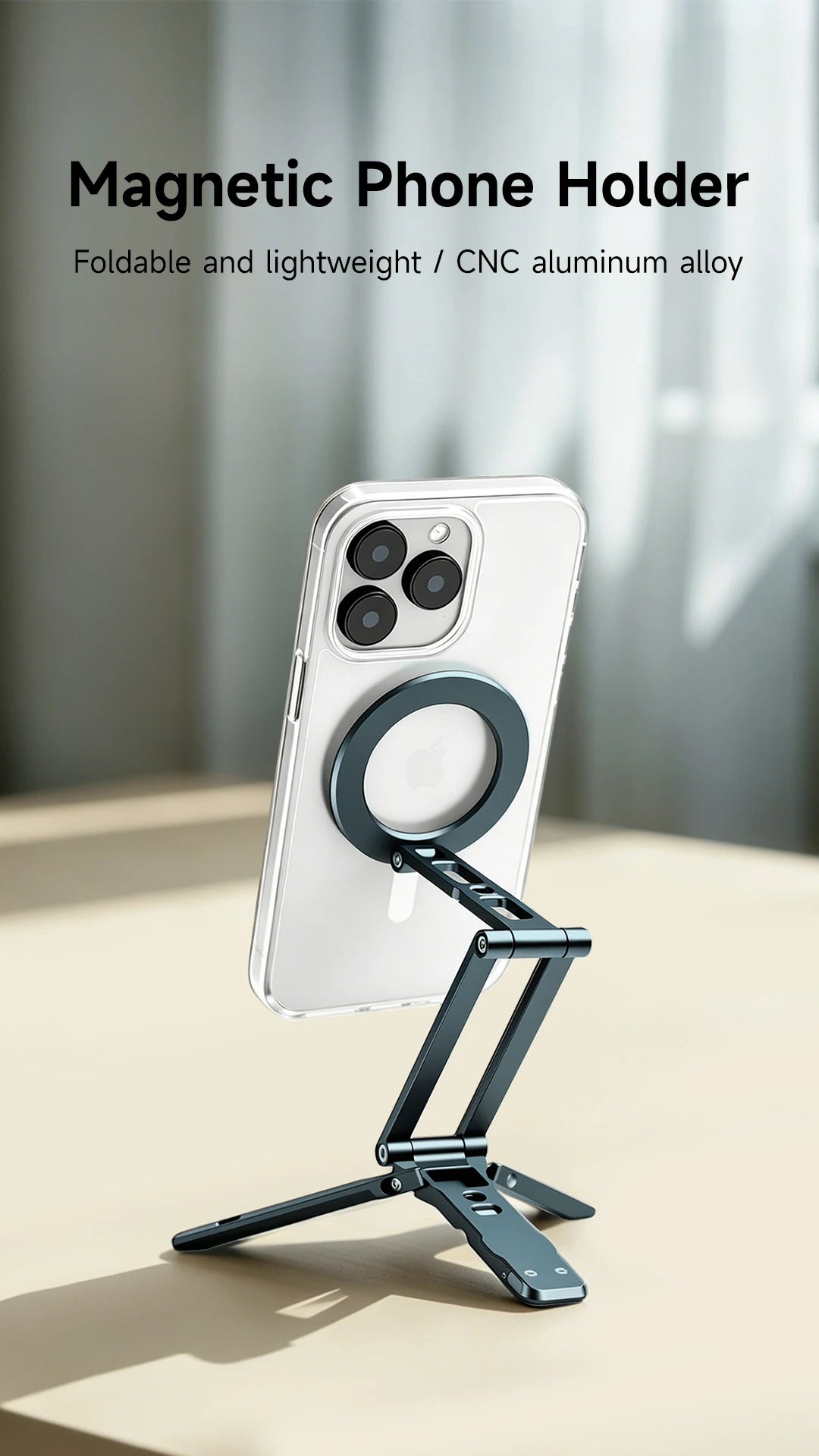 A white smartphone is held in place by a black magnetic phone holder stand made of CNC aluminum alloy.