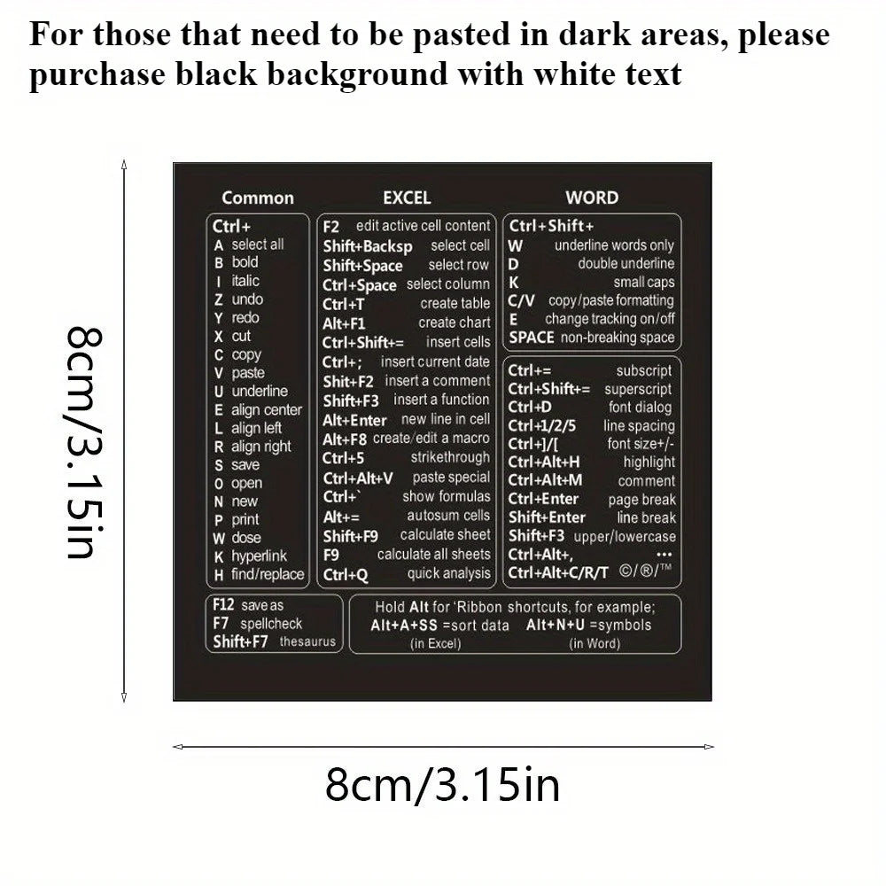 A set of vinyl keyboard shortcut stickers for Windows, Excel, and Word displayed on a white background.