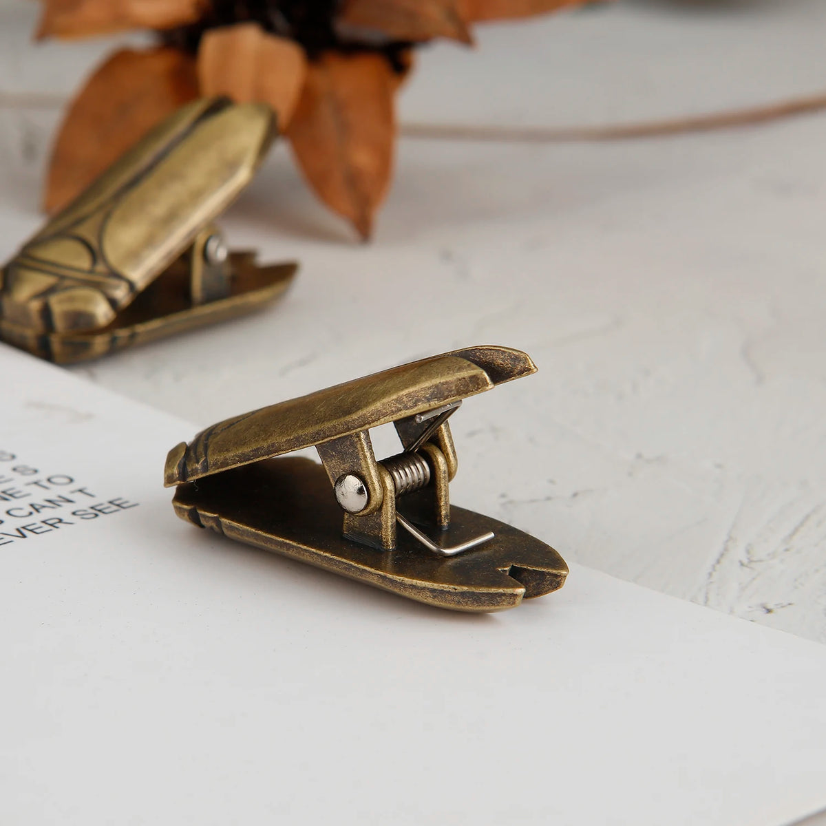 A set of antique brass metal beetle binder clips resting on a white surface.