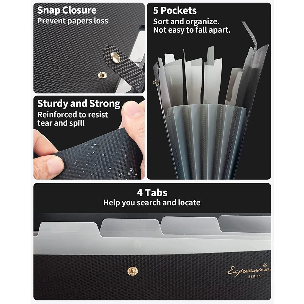 A black expanding A4 file folder with 5 pockets and 4 tabs shown in detail.