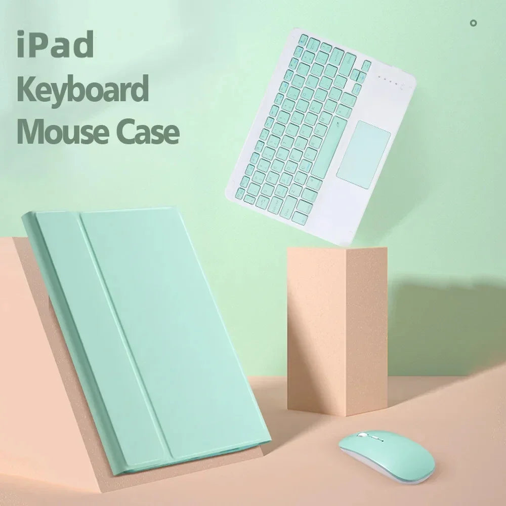 A light mint green iPad keyboard case with a detachable Bluetooth keyboard and a matching mouse case displayed on a wooden su