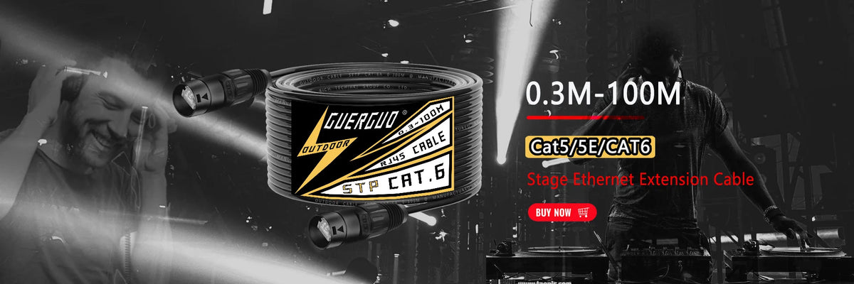 A coiled Ethernet extension cable is shown with connectors, highlighting its 0.3M-100M range for stage use.