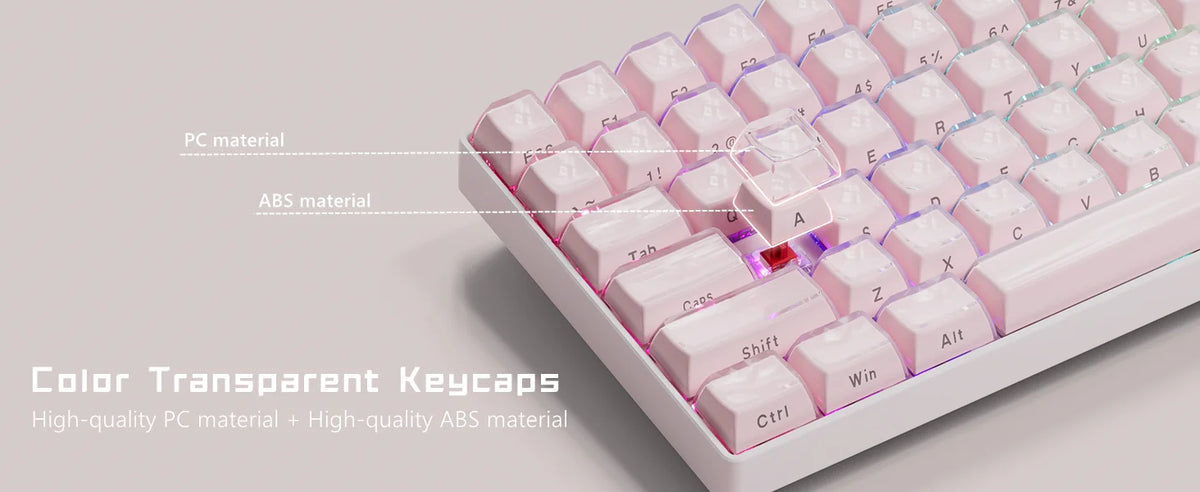 Translucent pink jelly keycaps set made from PC and ABS materials shown on a keyboard.