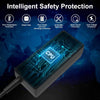 A close-up view of a blue electronic adapter with circuit board patterns and safety protection icons.