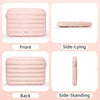 Pink padded laptop sleeve shown from front, side-lying, back, and side-standing angles.