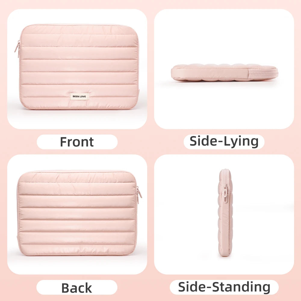 Pink padded laptop sleeve shown from front, side-lying, back, and side-standing angles.