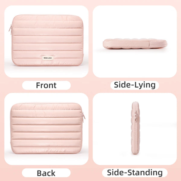 Funda acolchada para portátil rosa mostrada desde diferentes ángulos.