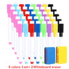 A collection of eight colored dry erase markers with magnetic whiteboard erasers arranged in a row.