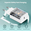 A white 40W Fast Charging USB-C power adapter with safety certifications displayed on the packaging.