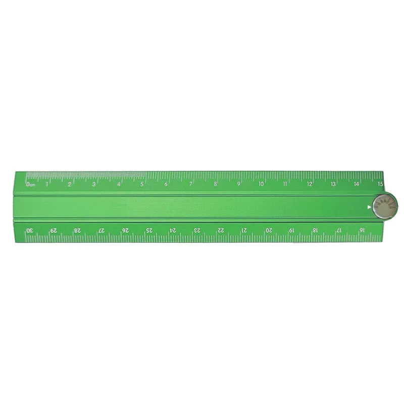 A green aluminum folding ruler marked in centimeters, showing a scale from 16 to 30 cm.