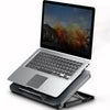 Silver laptop resting on an adjustable metal cooling pad with an integrated LED fan.
