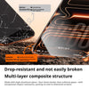 Close-up of a multi-layer composite screen protector demonstrating drop resistance on a smartphone display.