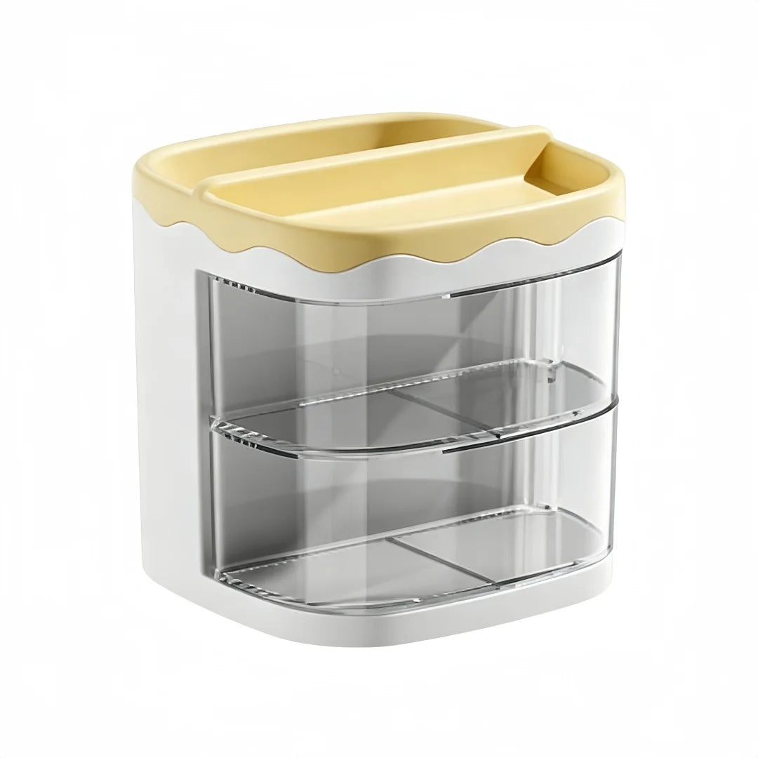 A white desktop pen holder with a clear acrylic tray and a light yellow lid.