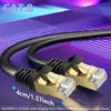 A close-up view of a black CAT8 Ethernet cable connector and plug on a purple background.