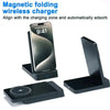 A black magnetic folding wireless charger with a charging zone and an adapter base.