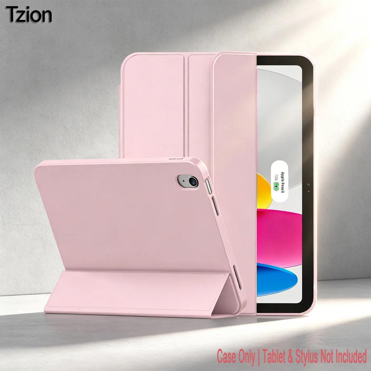 A pink trifold smart cover for an iPad is shown next to the device.