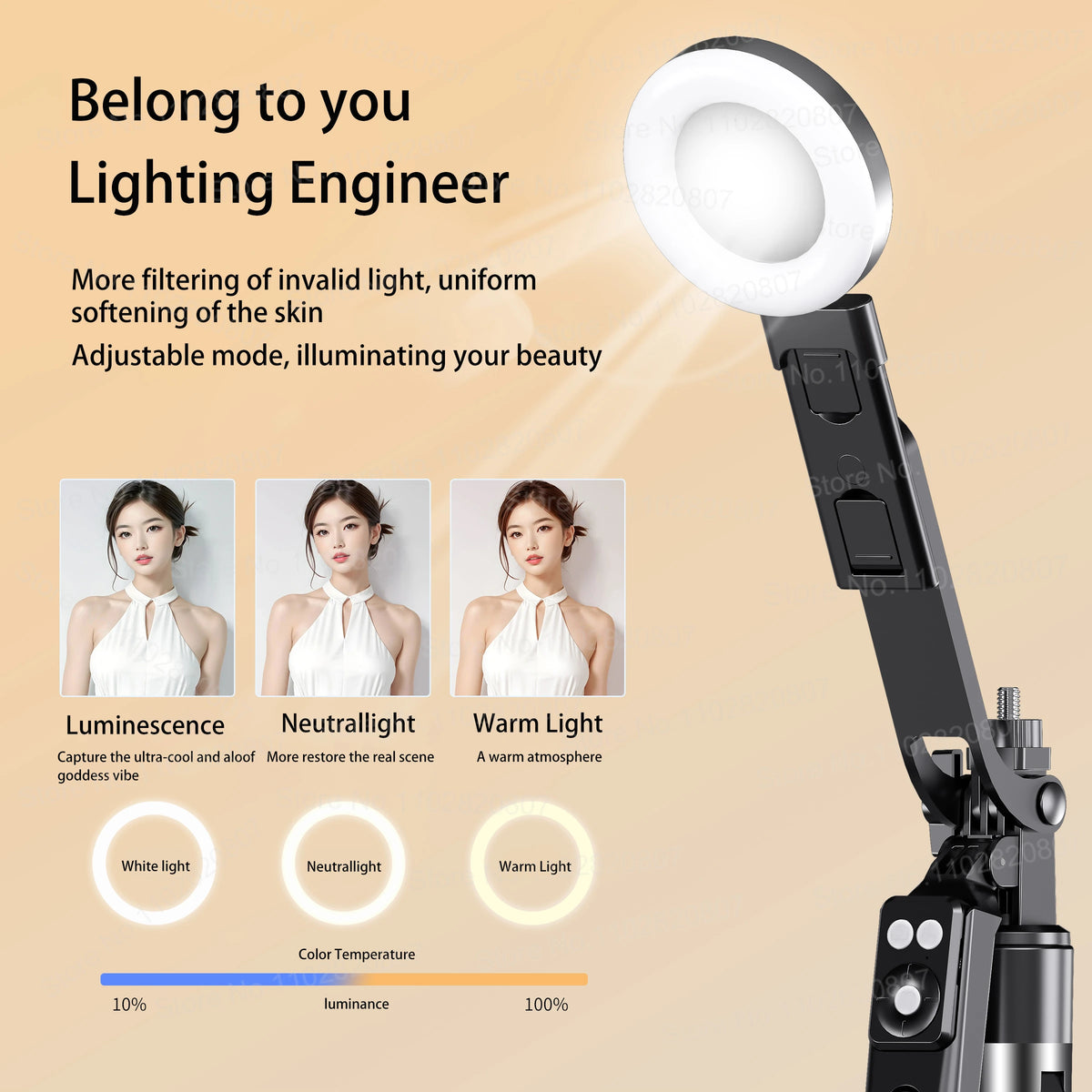 A portable Bluetooth selfie stick tripod with a round fill light illuminating the skin.