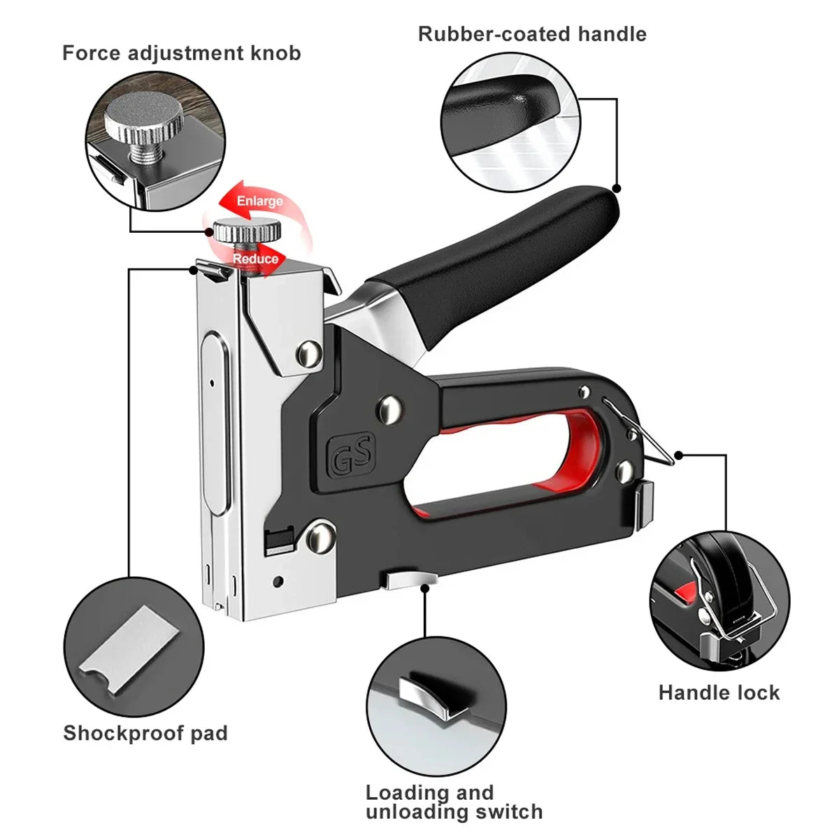 Diagram showing parts of a manual nailing gun including the force adjustment knob, rubber-coated handle, shockproof pad, and 