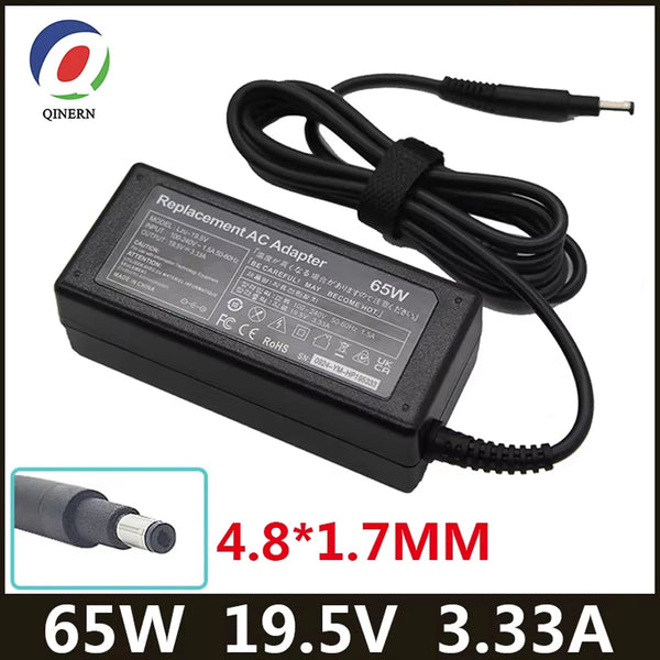 Adaptateur secteur noir 65W 19,5V 3.33A avec câble et embout de connexion.