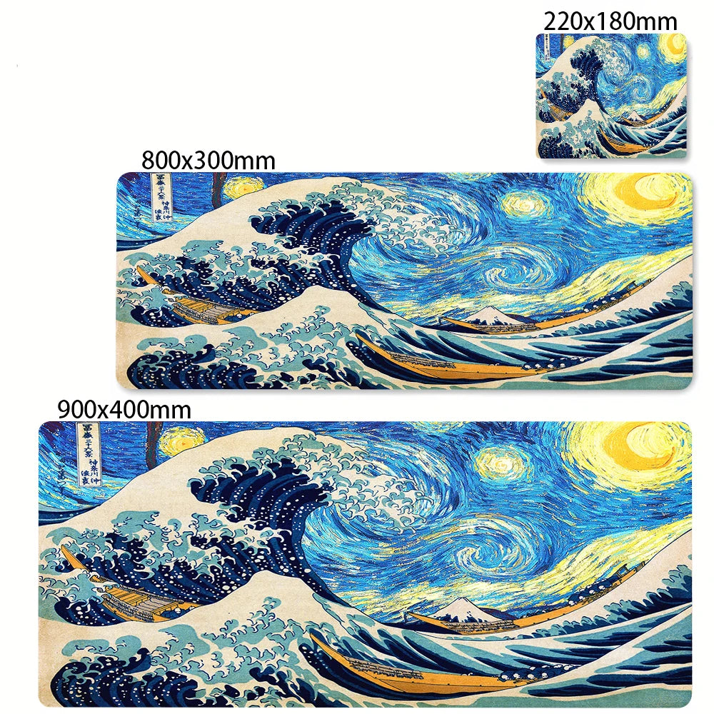 Extra-large mouse pad featuring a blue and white depiction of The Great Wave of Kanagawa