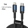 A black USB-C to IP interface charging cable with a Toucki connector and blue accents.