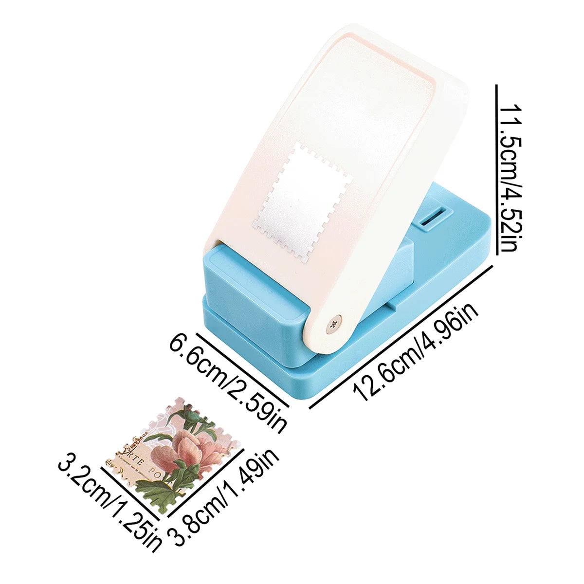 A white embossing punch machine with a light blue base and a decorative floral stamp shown from above.