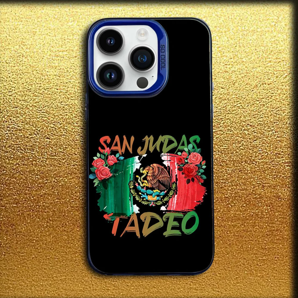 Black iPhone case featuring a vibrant design of San Judas Tadeo with Mexican flag colors and foliage.
