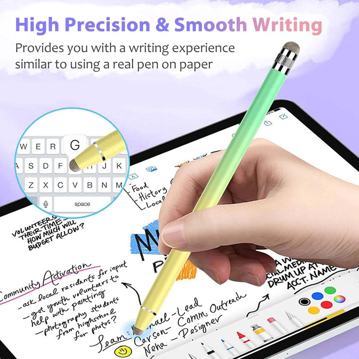 A hand holds a light green stylus pen writing on a digital tablet screen.