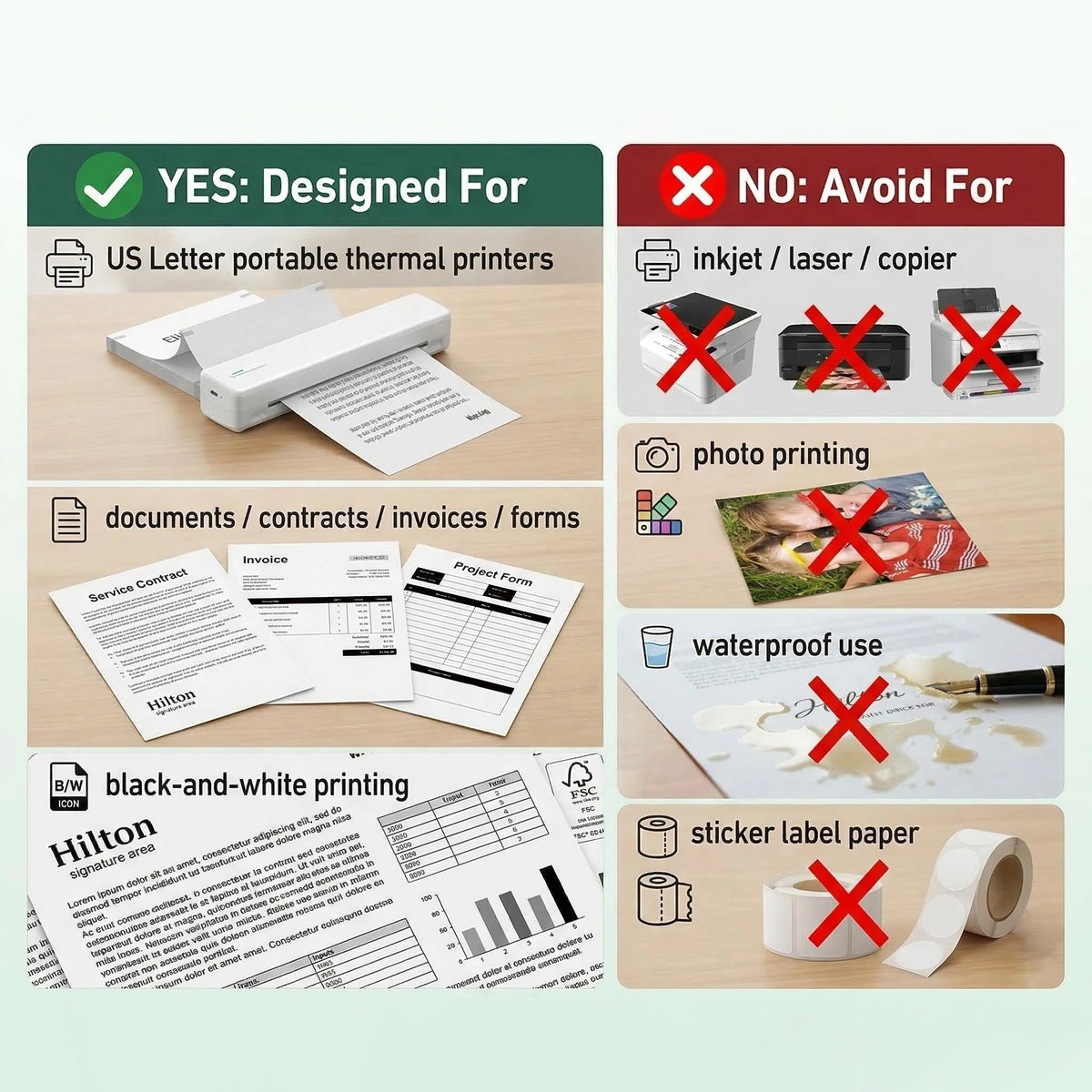 Comparison chart showing features of US letter portable thermal printers, including suitability for documents, contracts, inv