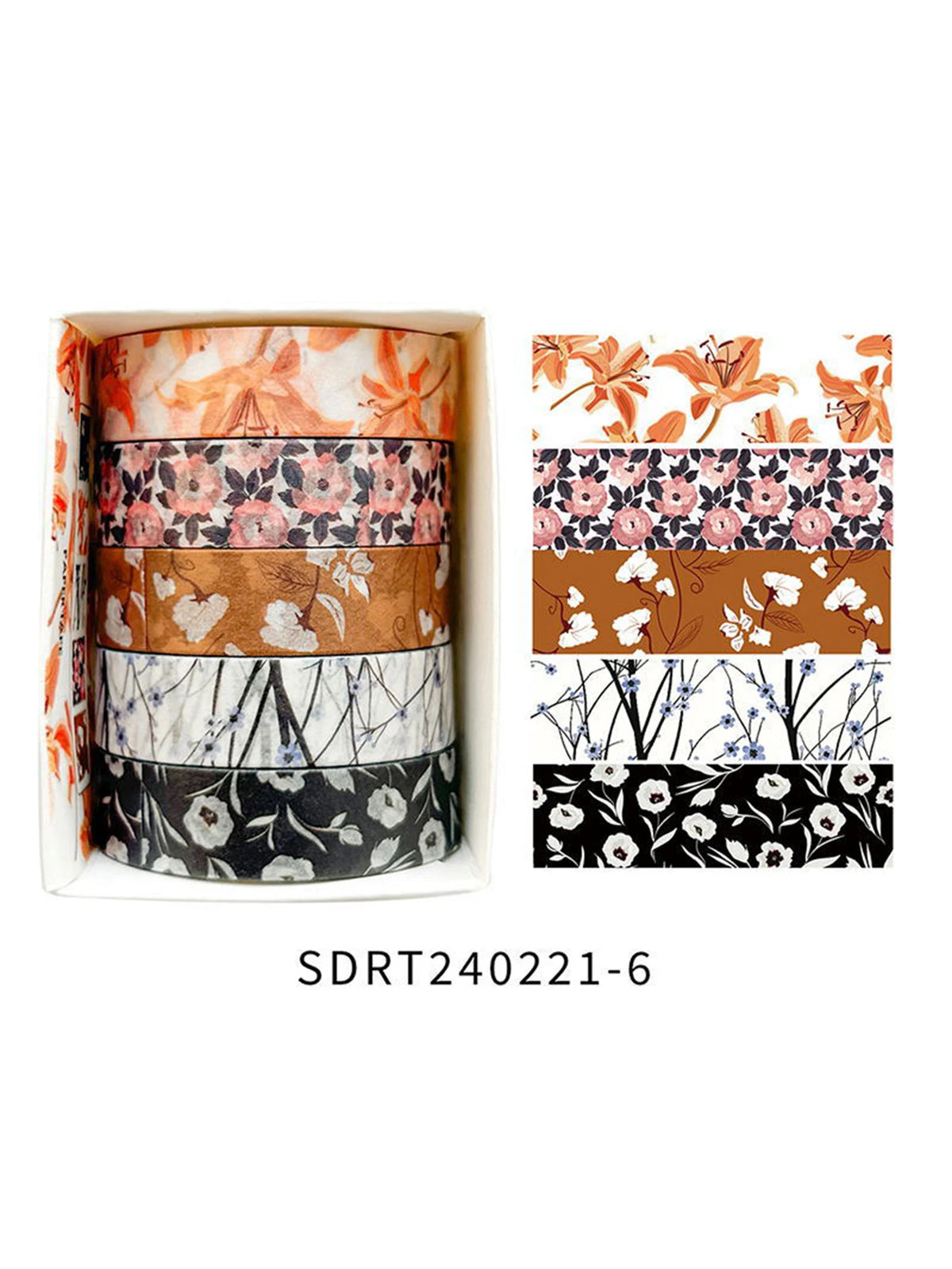 A set of five rolls of floral patterned washi tape in various colors and designs for crafting.