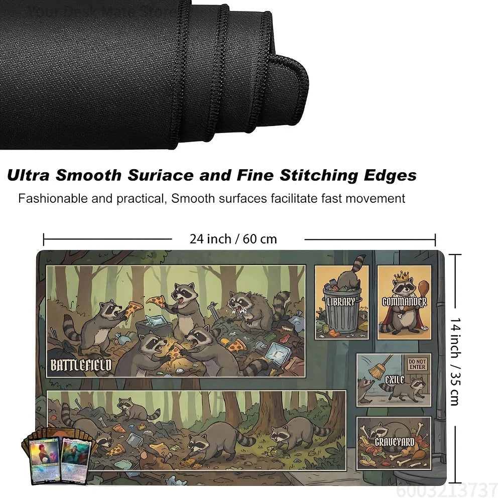 Black fabric surface with fine stitching edges for a trash panda playmat