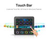 A hand swipes on a black touch bar device displaying various icons and controls for customization.
