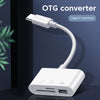 A white OTG converter with a Type-C interface and a flexible cable, shown against a dark background.
