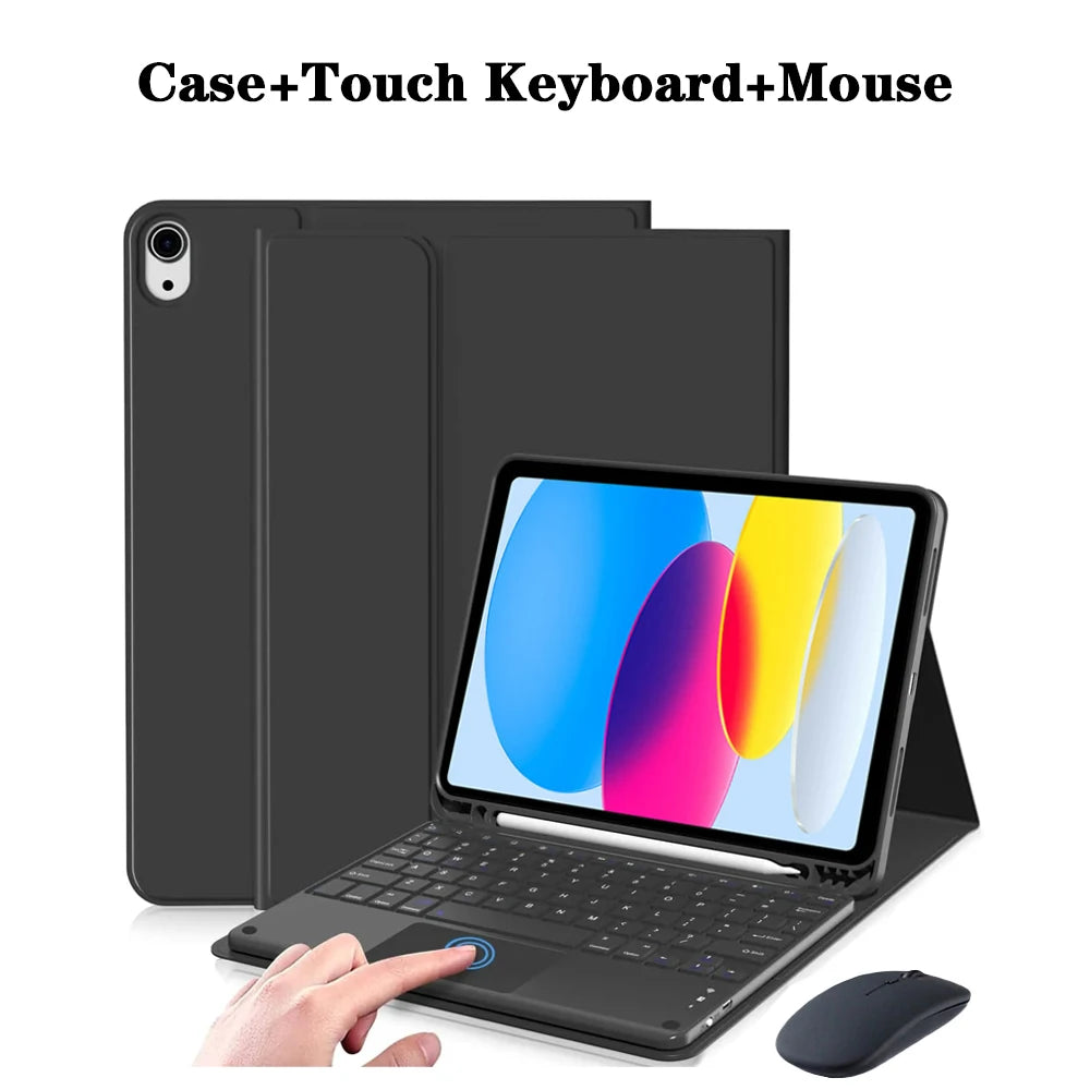Estuche de teclado y mouse negro desmontable junto a un iPad.