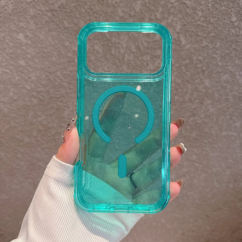 A hand holds a clear teal silicone shockproof magnetic case with a glitter finish for an iPhone.