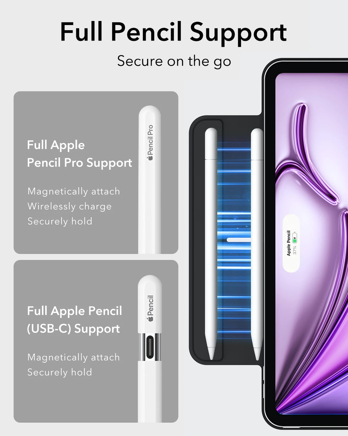 A close-up of a magnetic folio case showing full pencil support for an Apple Pencil on an iPad.