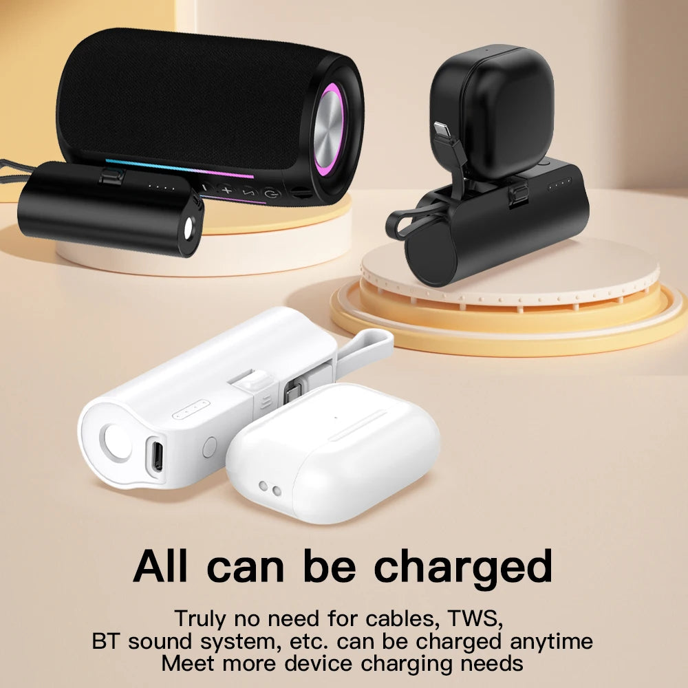 A set of portable power banks with LED lights and charging ports shown in various forms and contexts.