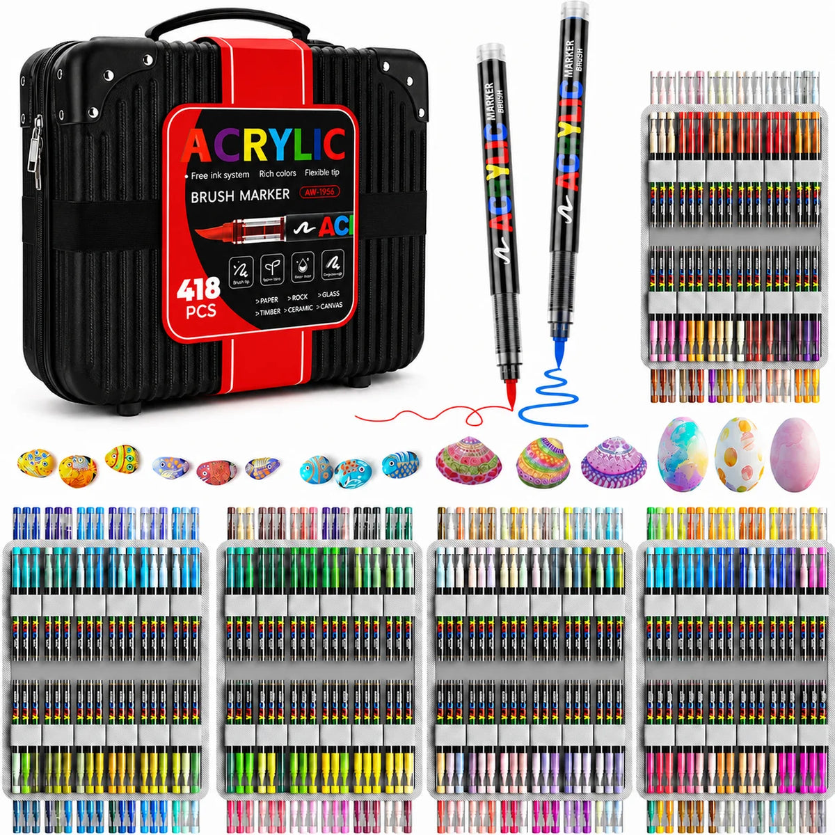 Un set de 418 marcadores de pincel acrílicos en varios colores y puntas, empaquetados en un estuche negro.