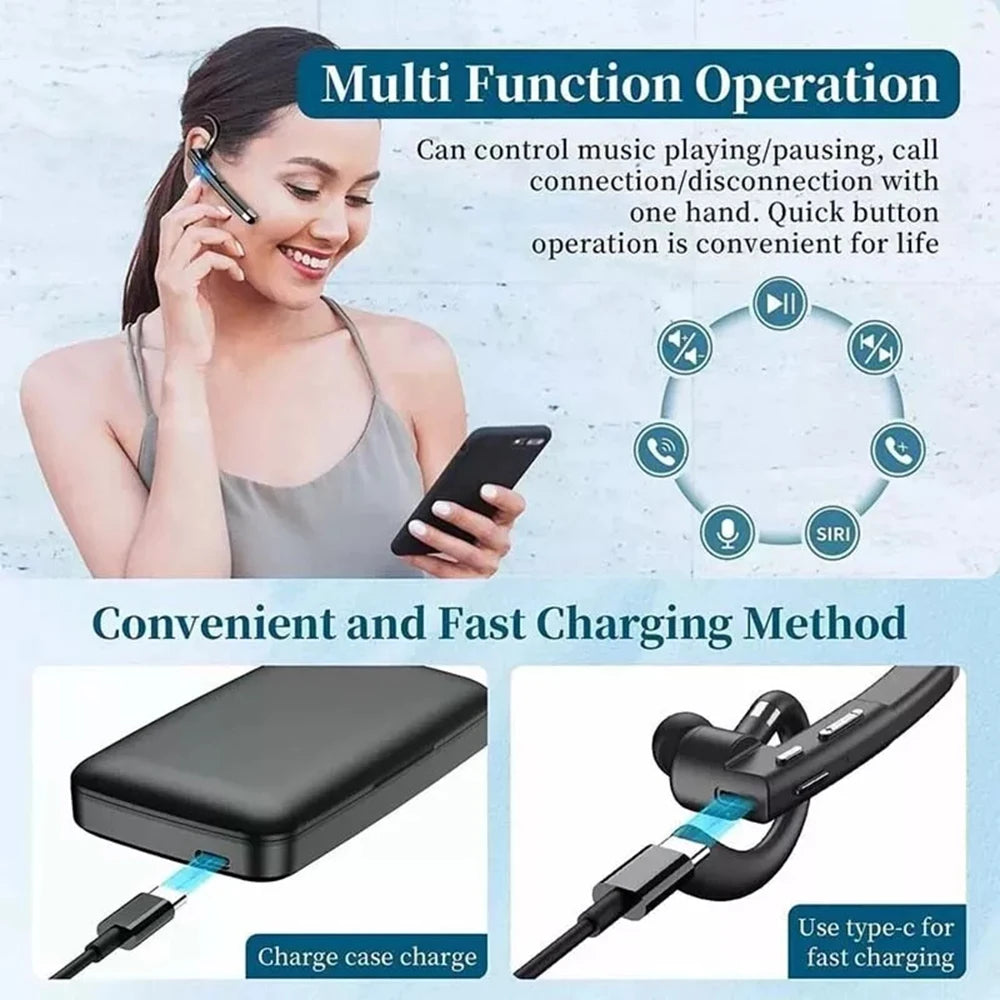 A woman is shown using multi-function wireless earphones for music, calling, and disconnection.