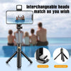 A black 3-in-1 selfie stick tripod with an interchangeable head, used for photography or video.