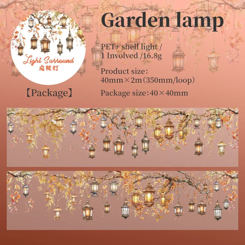 A set of decorative garden lamps made from PET material with light surrounding foliage.