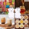 A bear-shaped reusable water bottle is shown next to various food items like candy, honey, and cereal.