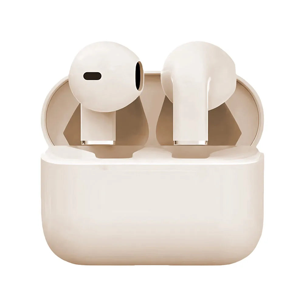 A pair of white True Wireless Earbuds with charging case shown in a top-down view.
