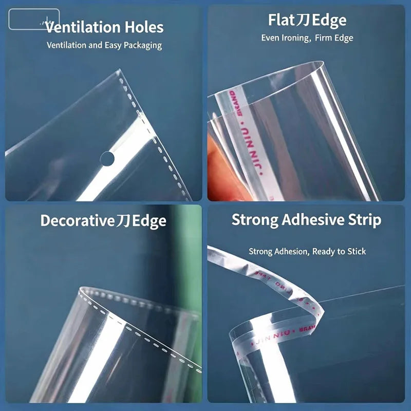Various features of transparent plastic bags including ventilation holes, flat edges, decorative edges, and strong adhesive s