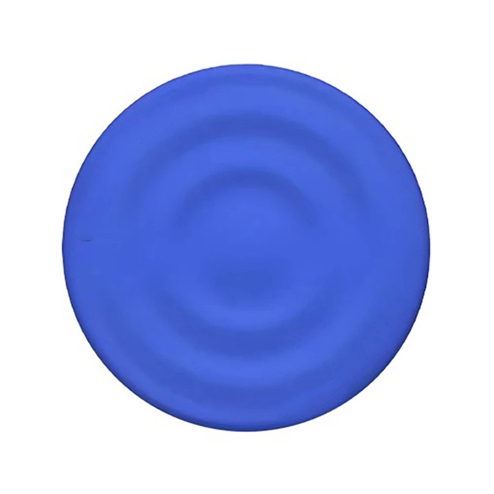 A smooth, round blue silicone product with a ripple grip texture.