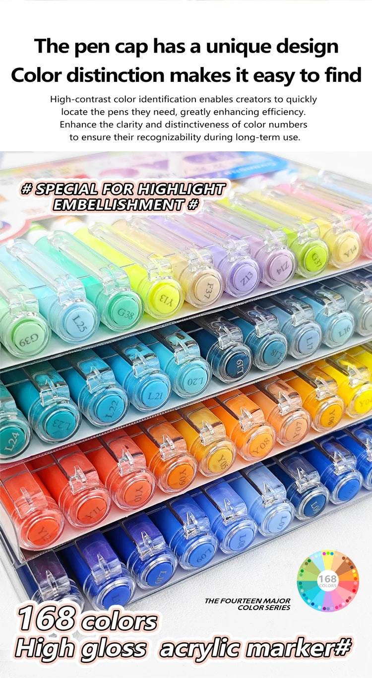 A set of 168 high-gloss acrylic marker pens in various colors displayed in a plastic case.