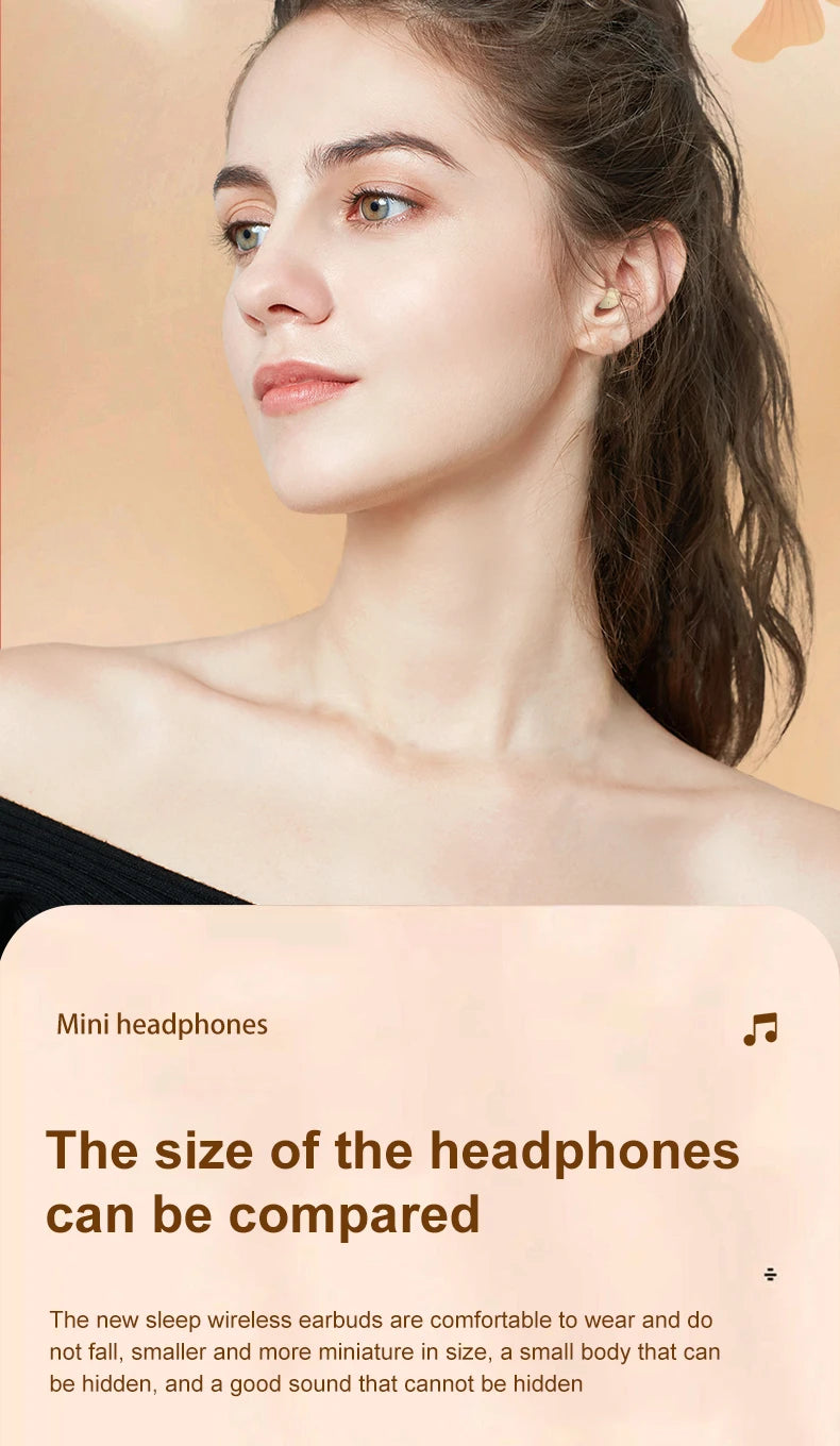 A close-up portrait of a woman wearing or modeling invisible wireless earbuds.